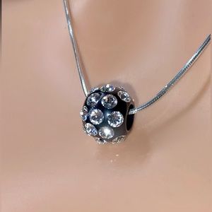 Black Acrylic Pendant Embellished With Genuine Crystals, Silver Chain Included